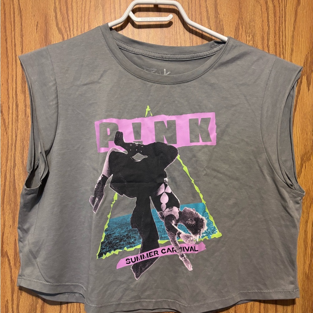 PINK Gray CroppedMuscle Tee with Graphic Print